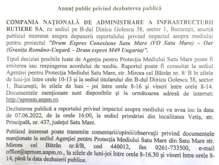 05.05.2022 - Anunț dezbatere publică despre Drumul expres Satu Mare - Oar