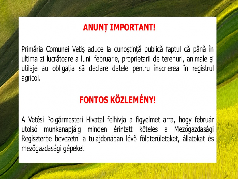 08.01.2025- Obligativitate declarare date pentru înscriere în Registrul agricol